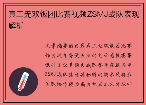真三无双饭团比赛视频ZSMJ战队表现解析