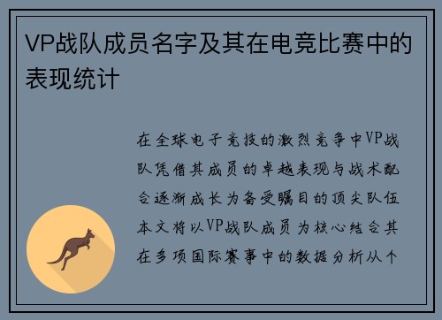 VP战队成员名字及其在电竞比赛中的表现统计
